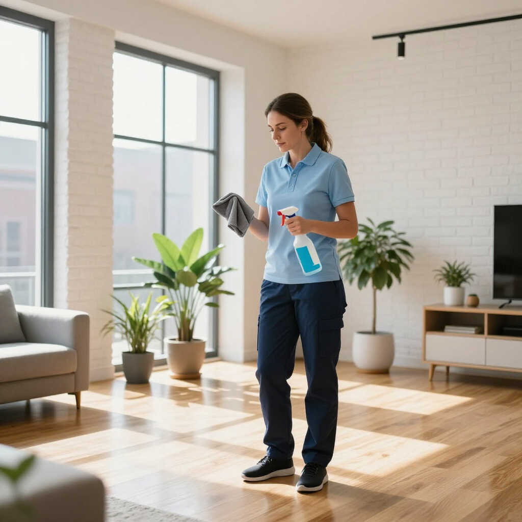 Person cleaning a bright living room with a spray bottle and cloth near large windows.