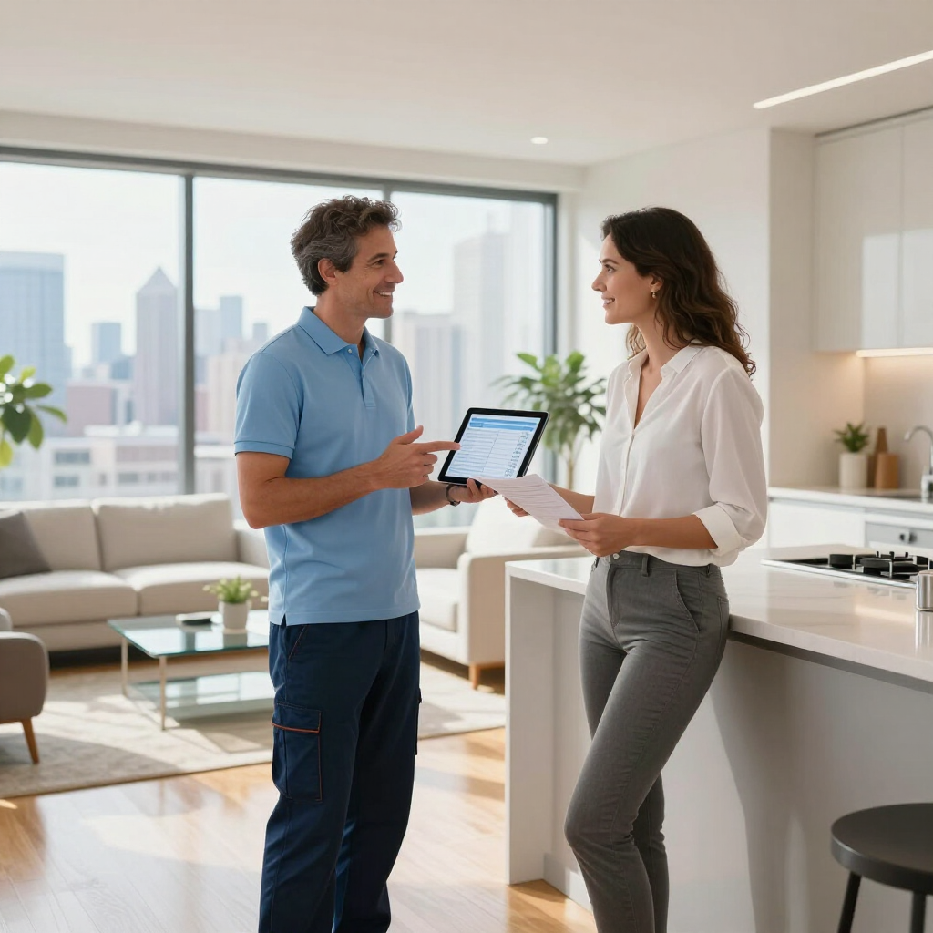 Two people talking in a bright kitchen, holding a tablet and paper, with a city view in the background.