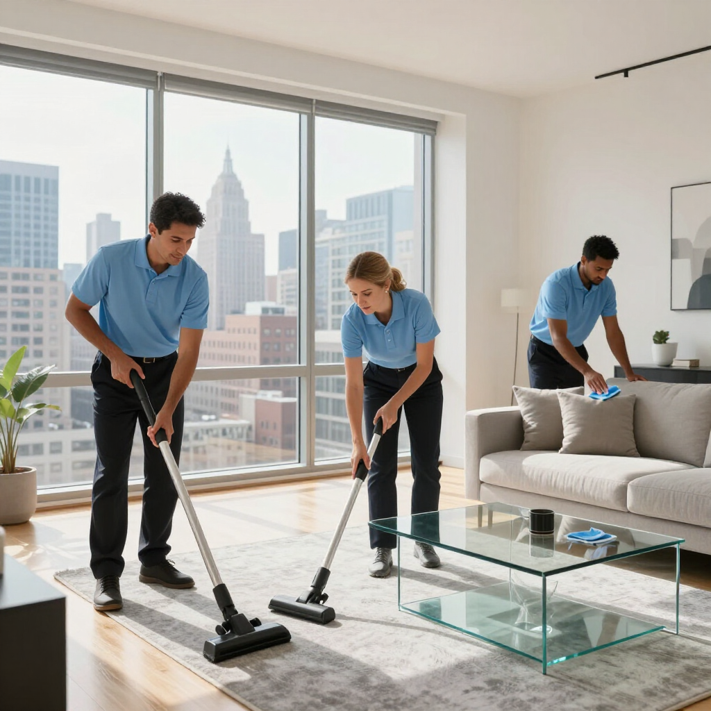 Three cleaners vacuuming a bright modern apartment with city views