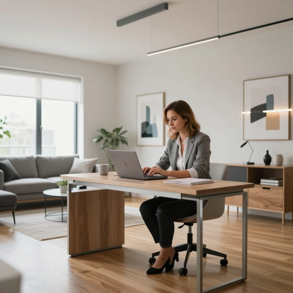 Woman working on a laptop at a modern desk in a bright, minimalist home office