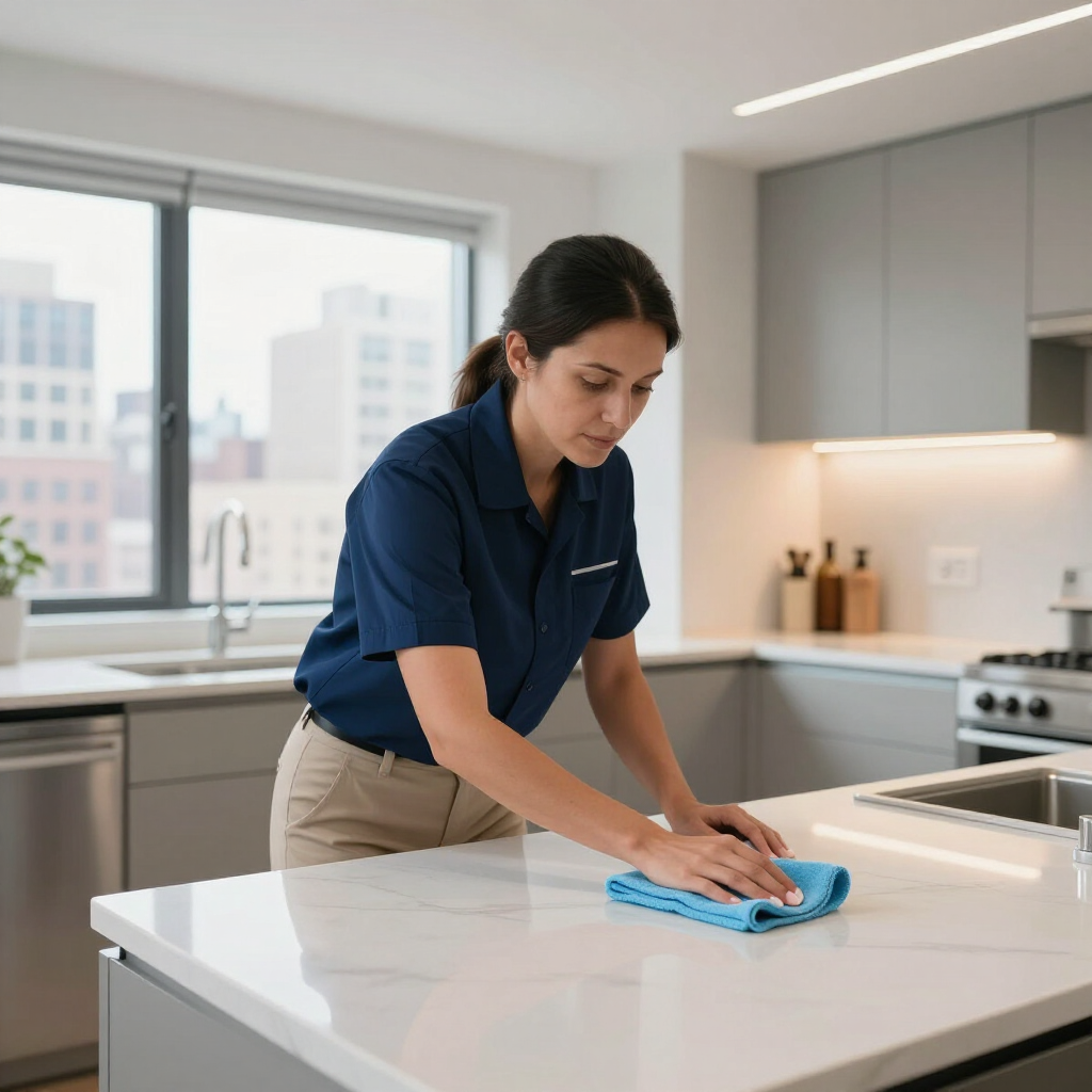 Person cleaning a white kitchen counter with a blue cloth in a modern kitchen