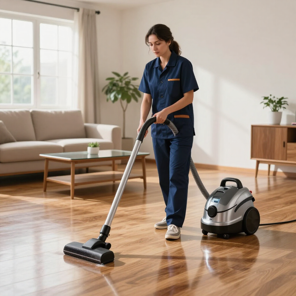 Person vacuuming a hardwood floor in a bright living room, with a canister vacuum nearby.