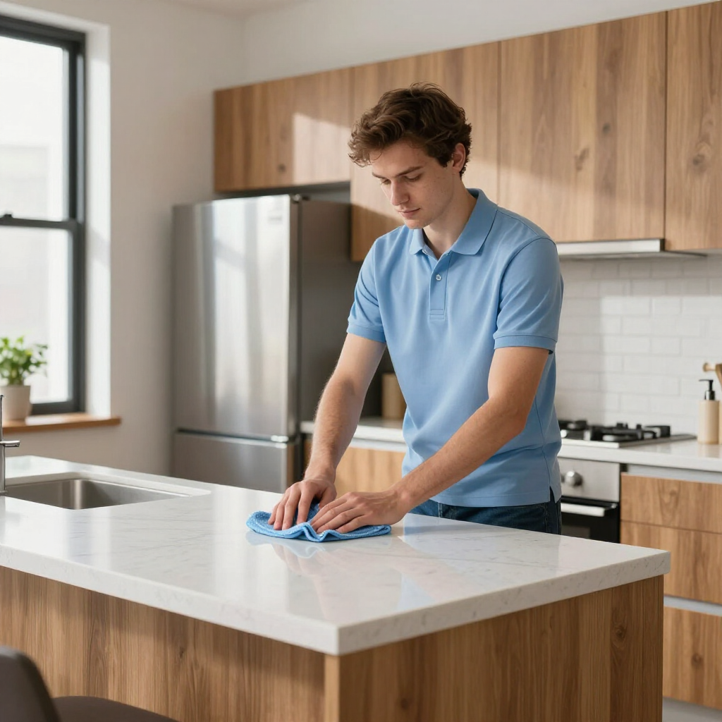 Man cleaning a kitchen countertop with a blue cloth in a modern kitchen