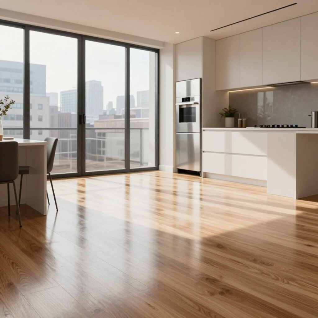 Bright modern apartment with large windows, wooden floors, and a minimalist kitchen with city views