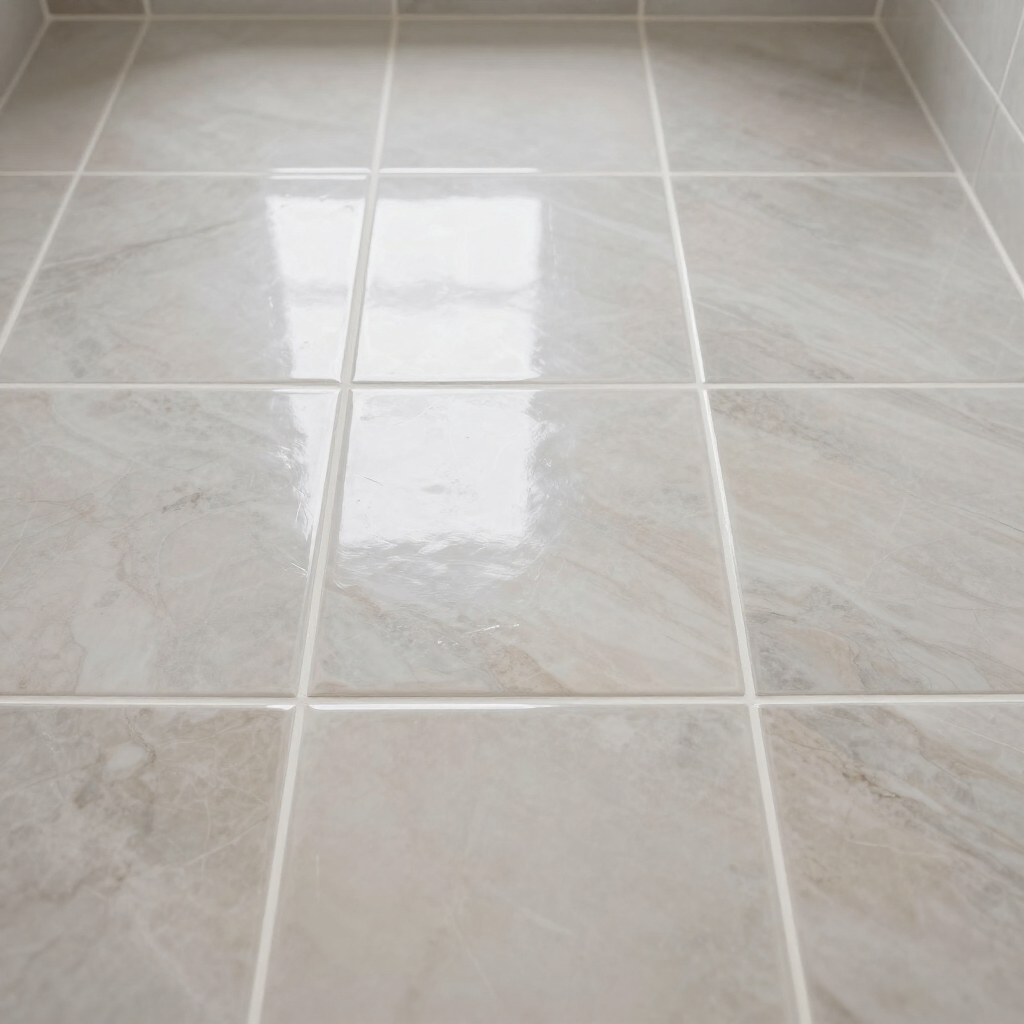 Shiny light beige tiled floor with white grout lines and a bright window reflection