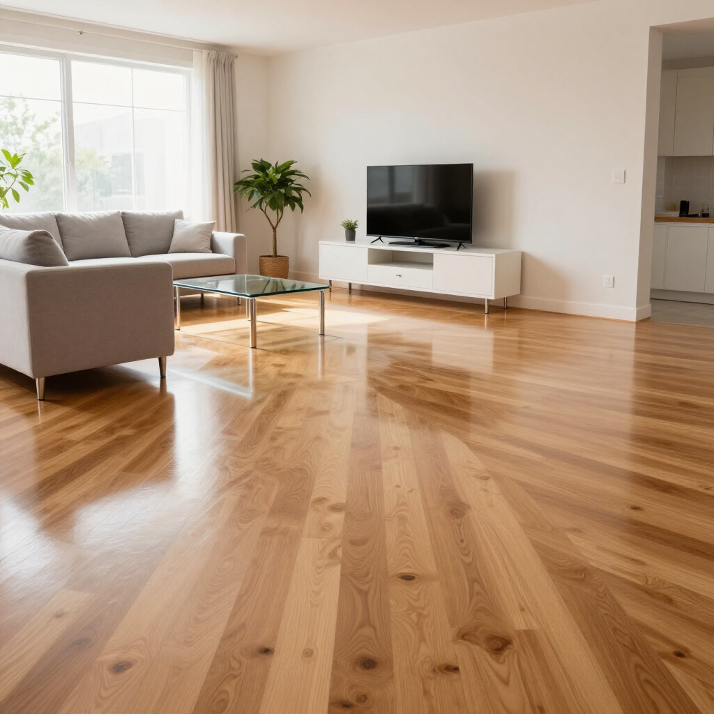 Bright modern living room with hardwood floors, gray sofa, TV on white console, glass coffee table, and large windows