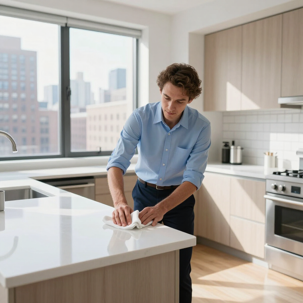 Man wiping a kitchen countertop in a bright modern kitchen with city windows.