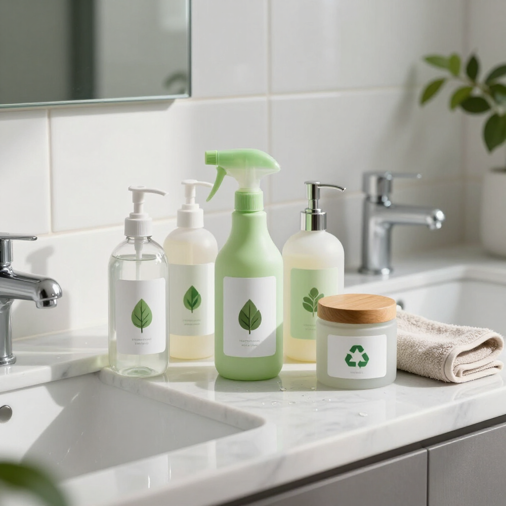 Bathroom sink with green-and-white cleaning bottles, soap dispenser, candle, and folded towel