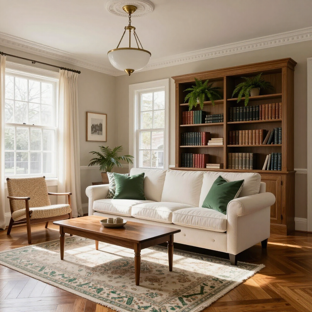 Bright living room with white sofa, wood bookcase, armchair, coffee table, and sunlight through windows