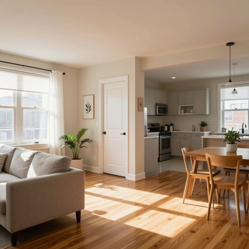 Bright open-plan living and dining room with beige sofa, wooden table, and sunlit windows
