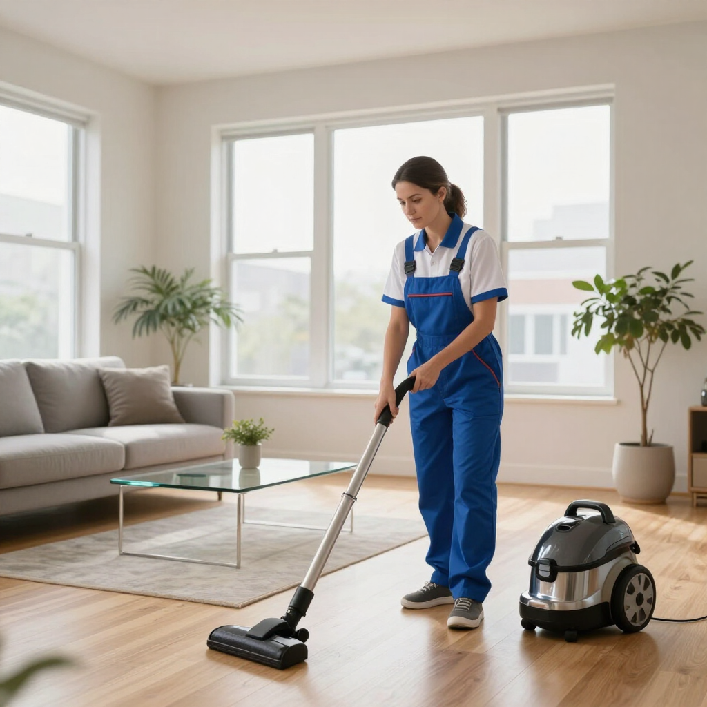 Woman vacuuming a bright living room beside a gray sofa and potted plants