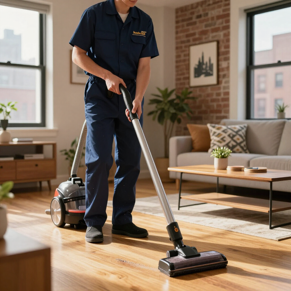 Person vacuuming a sunlit living room with a cordless floor cleaner