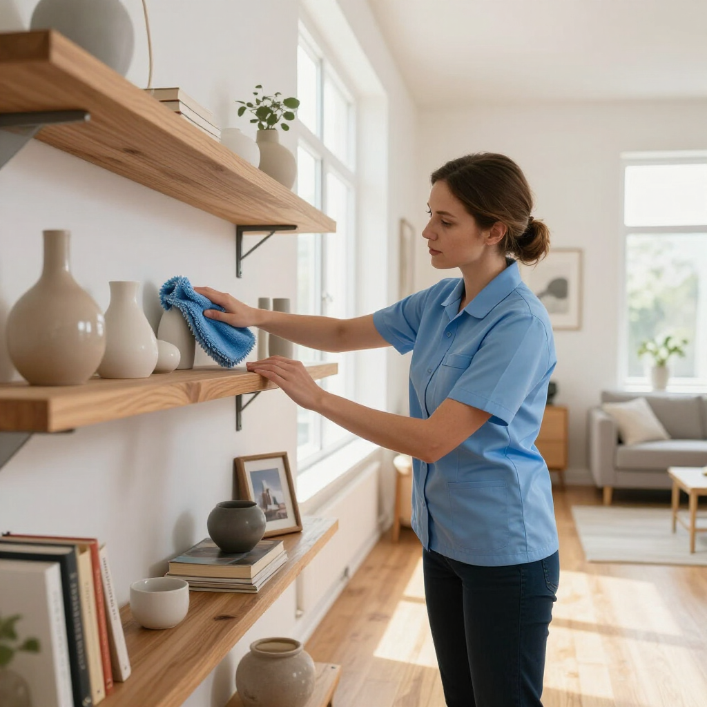 Woman dusting wooden shelves in a bright, modern living room.