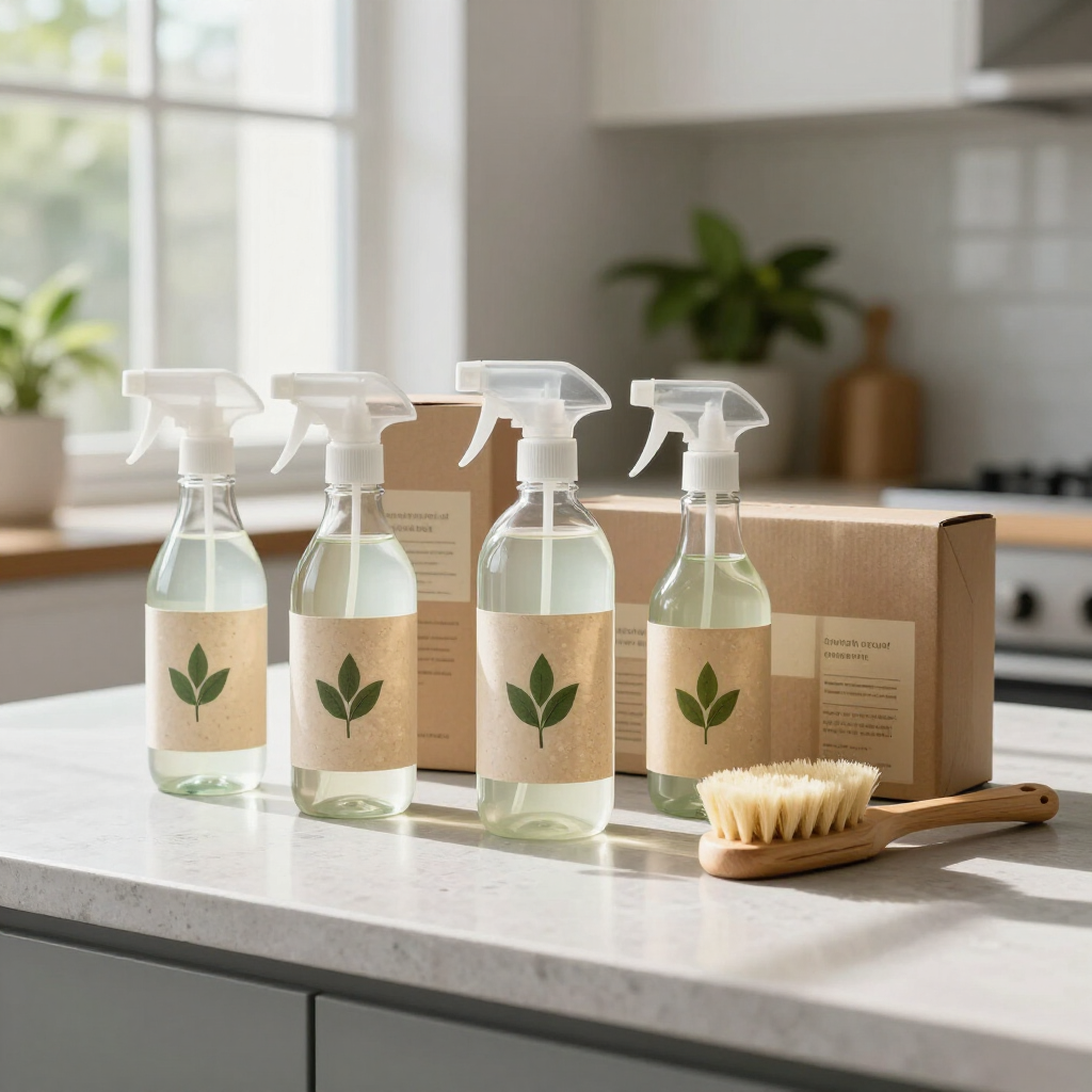 Four clear spray bottles with leaf labels beside a box and cleaning brush on a kitchen counter