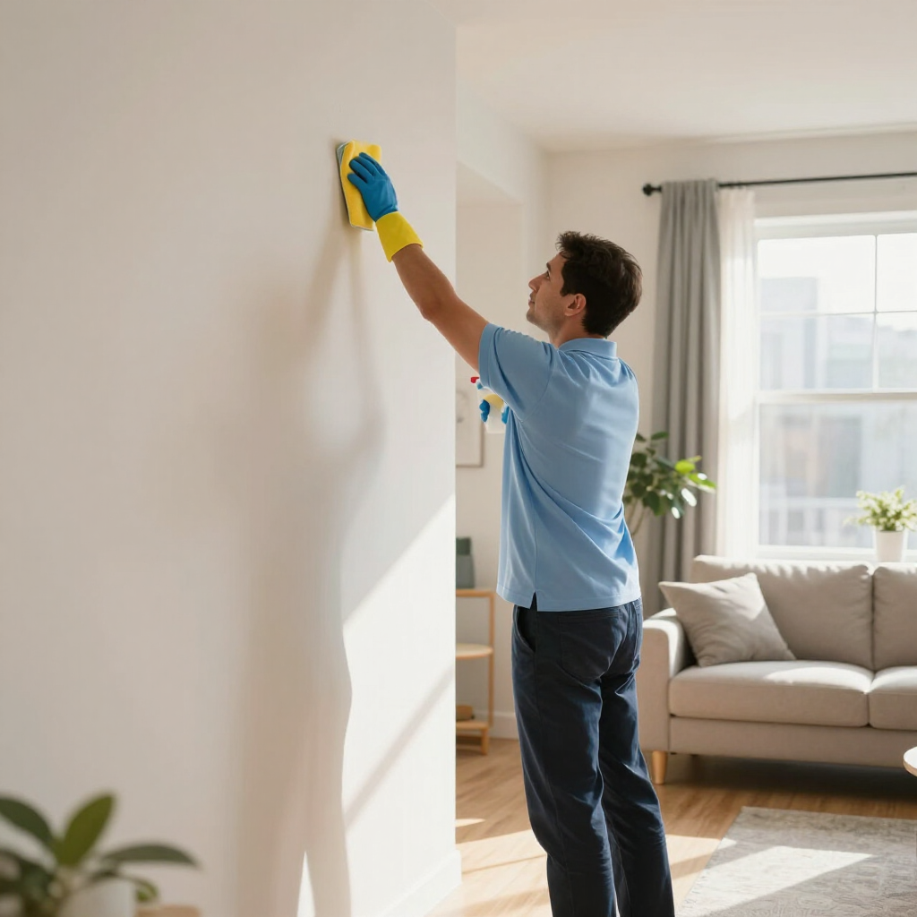 Person wiping a white wall with a blue cloth in a bright living room