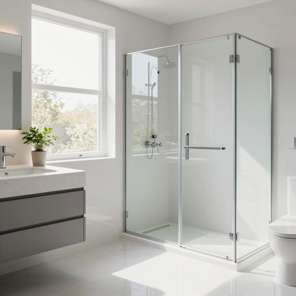 Bright modern bathroom with glass shower, vanity, and sunlight from a window