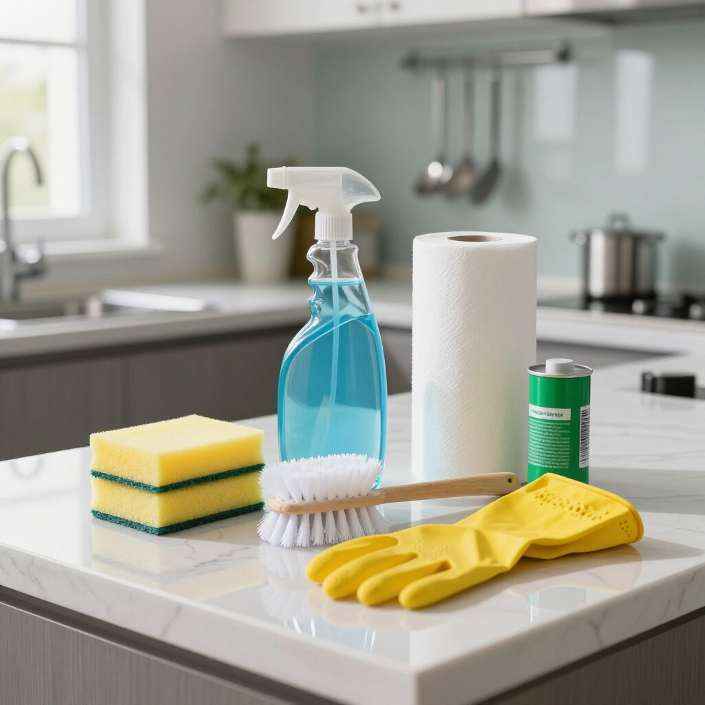Cleaning supplies on a kitchen counter: spray bottle, sponges, brush, gloves, and disinfectant canister.