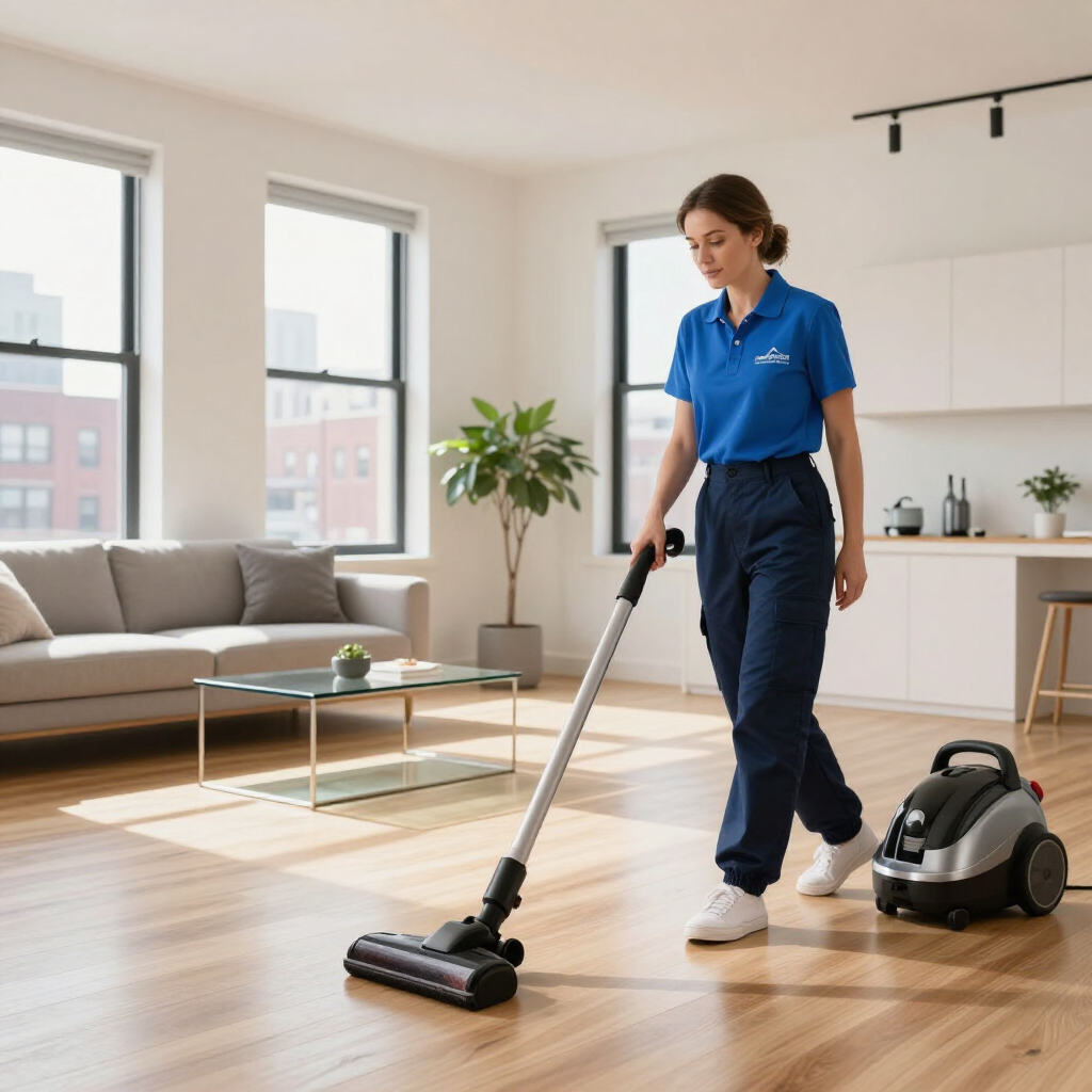 Person vacuuming a bright living room with a canister vacuum and hardwood floors