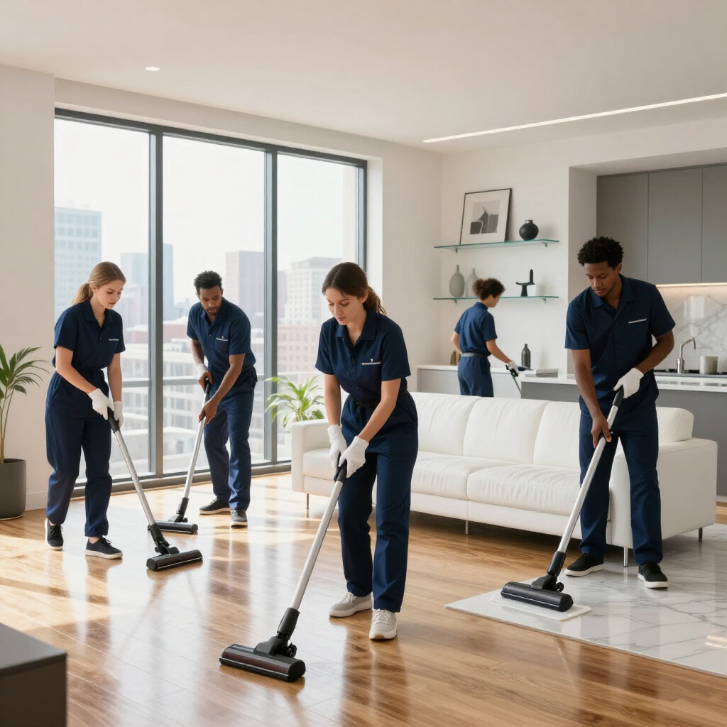 Cleaning crew vacuuming a bright living room with hardwood floors and large windows