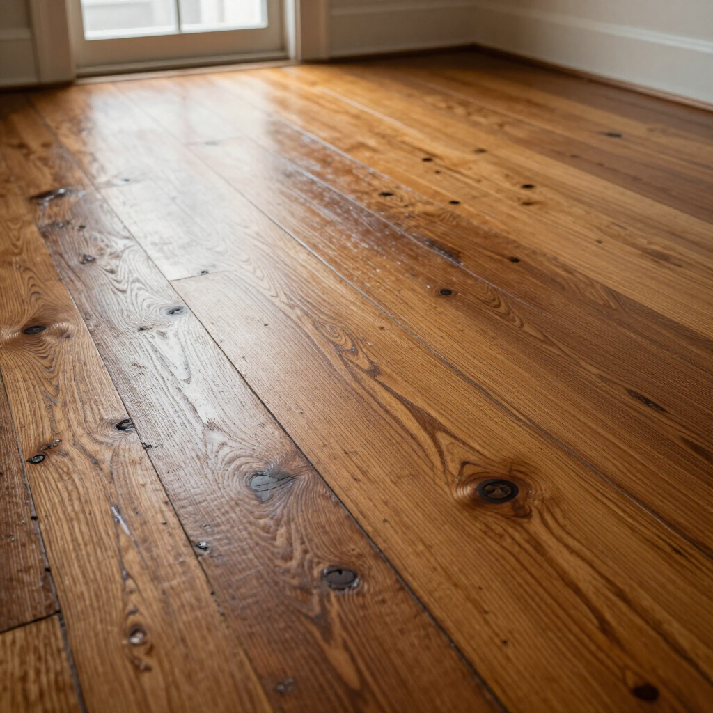 Sunlit hardwood floor with natural knots and grain near a doorway