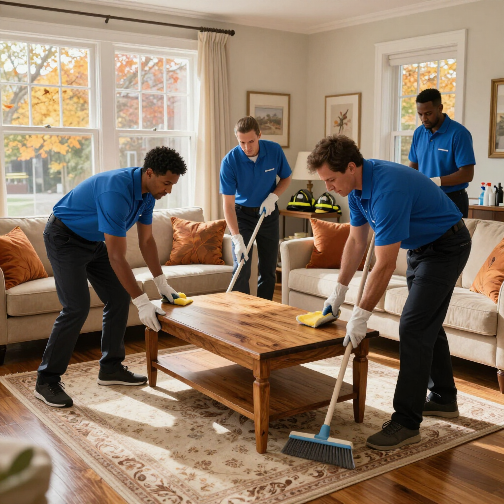 Workers in blue shirts cleaning a wooden coffee table in a bright living room
