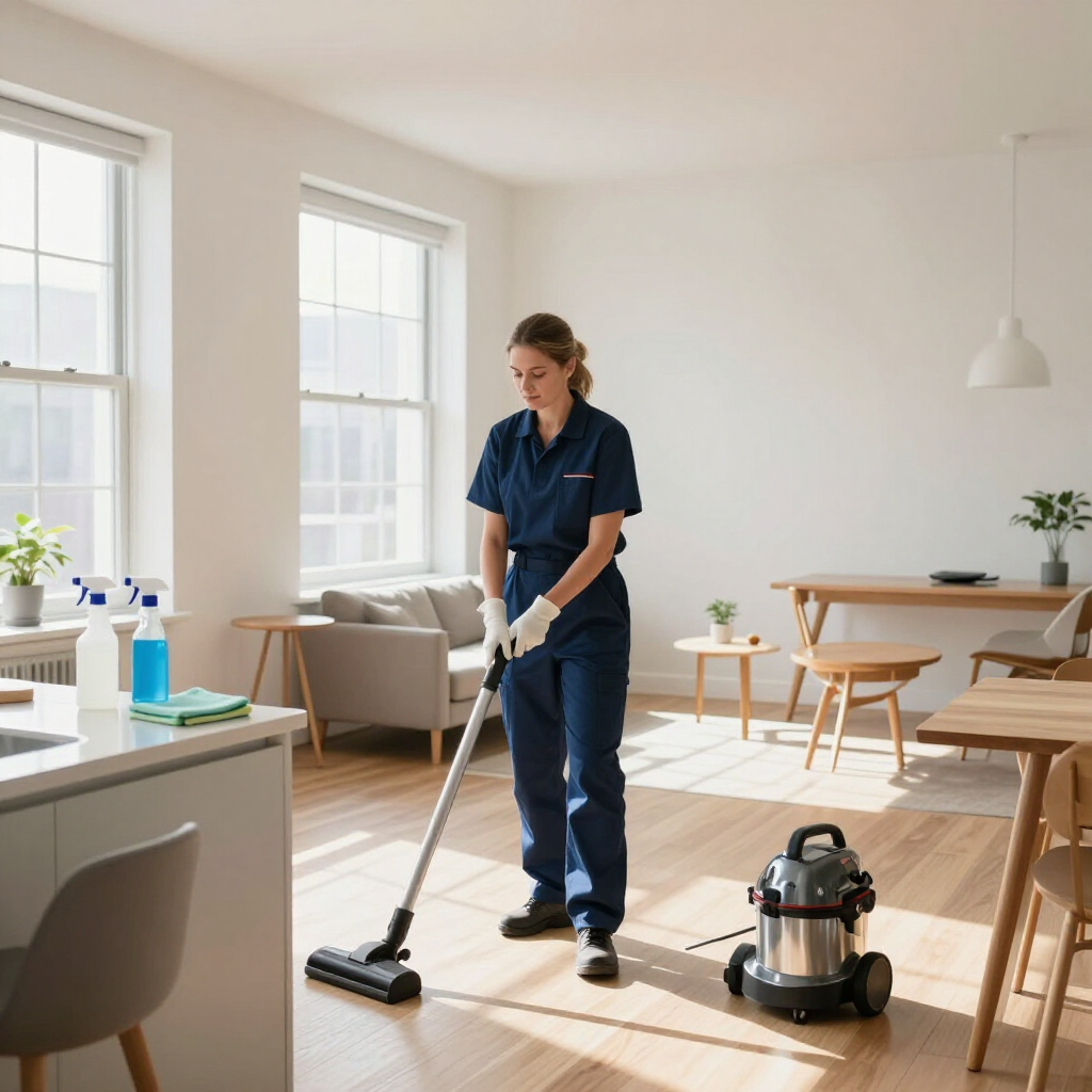 Person vacuuming a bright living room with a canister vacuum and cleaning supplies on a table