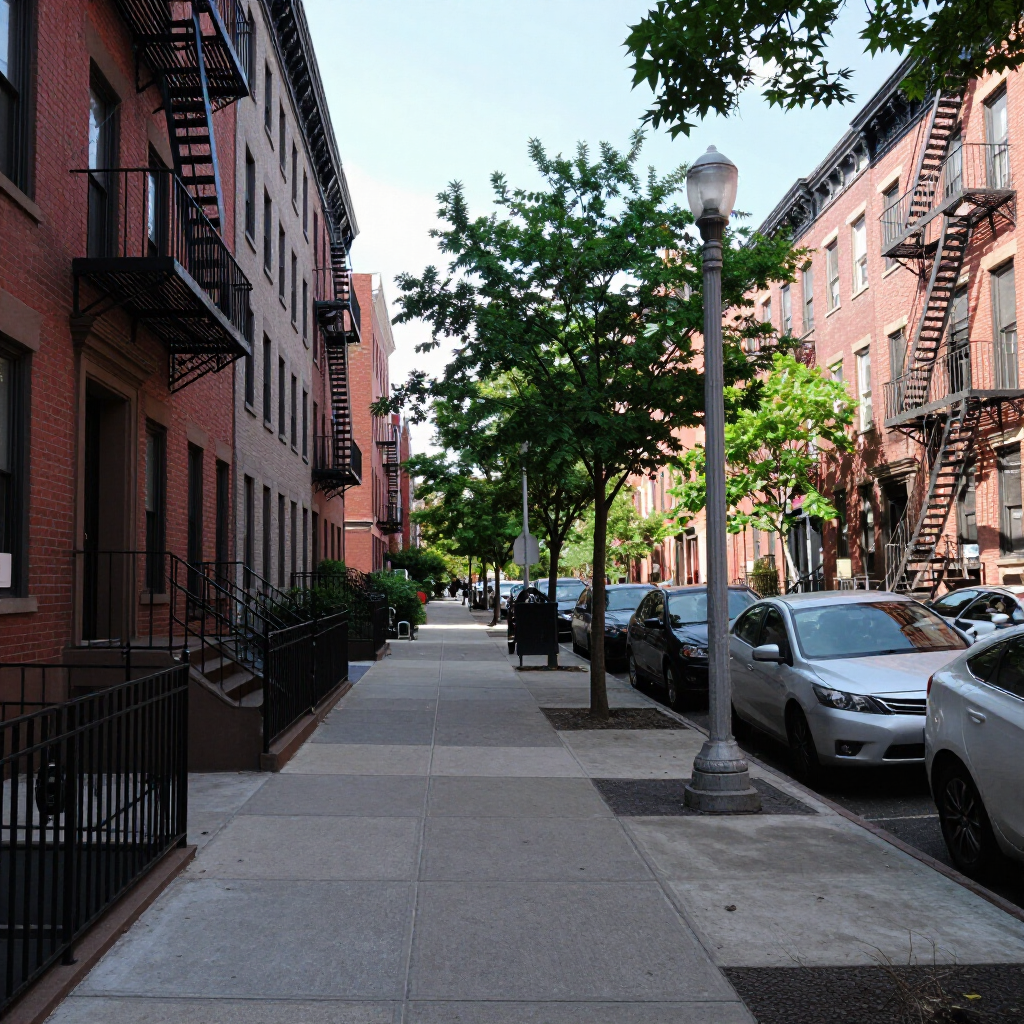 Tree-lined city sidewalk beside red brick apartment buildings and parked cars on a sunny day