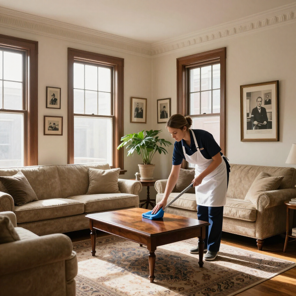Person dusting a coffee table in a sunlit living room with sofas and large windows