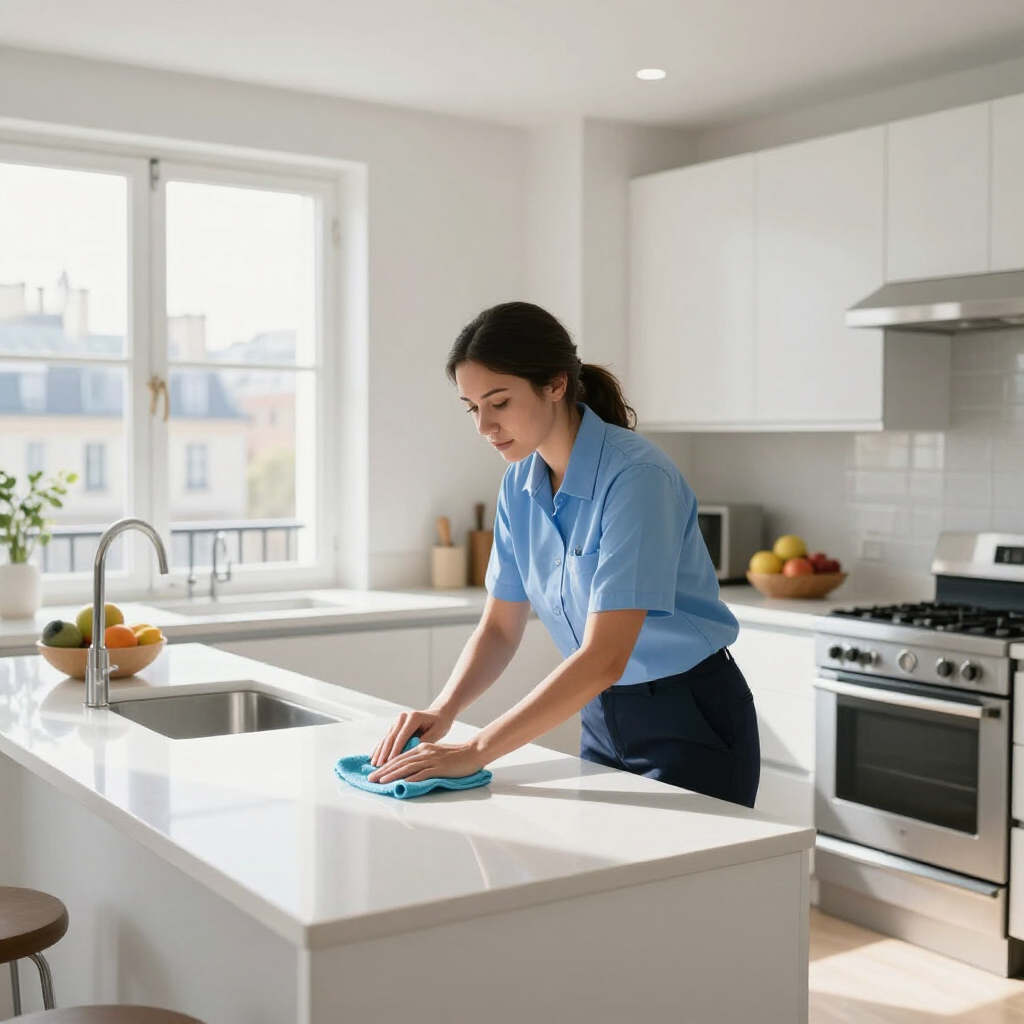 Person wiping a kitchen island in a bright modern kitchen near a window