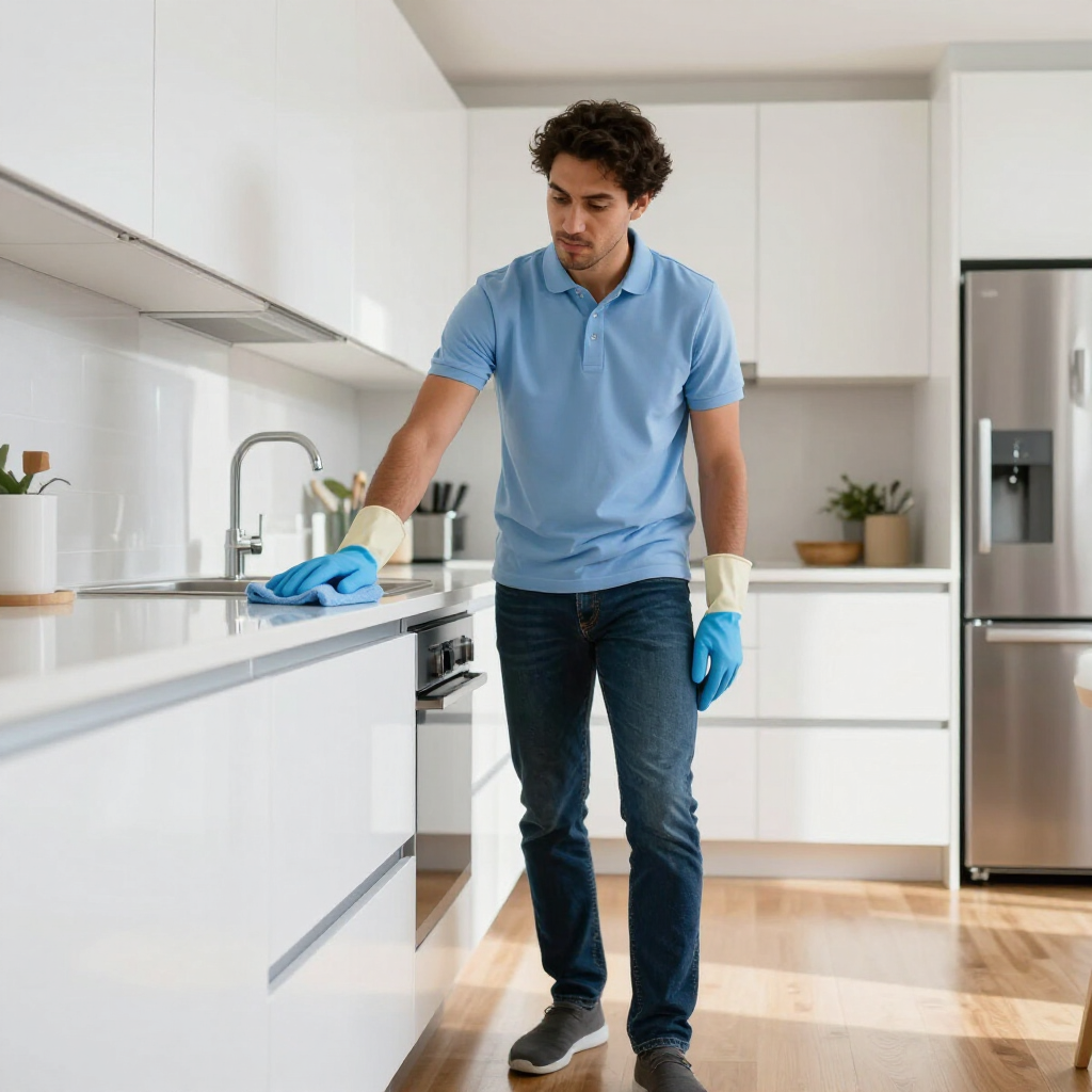 Person in blue shirt cleaning a bright kitchen countertop with gloves and a cloth.