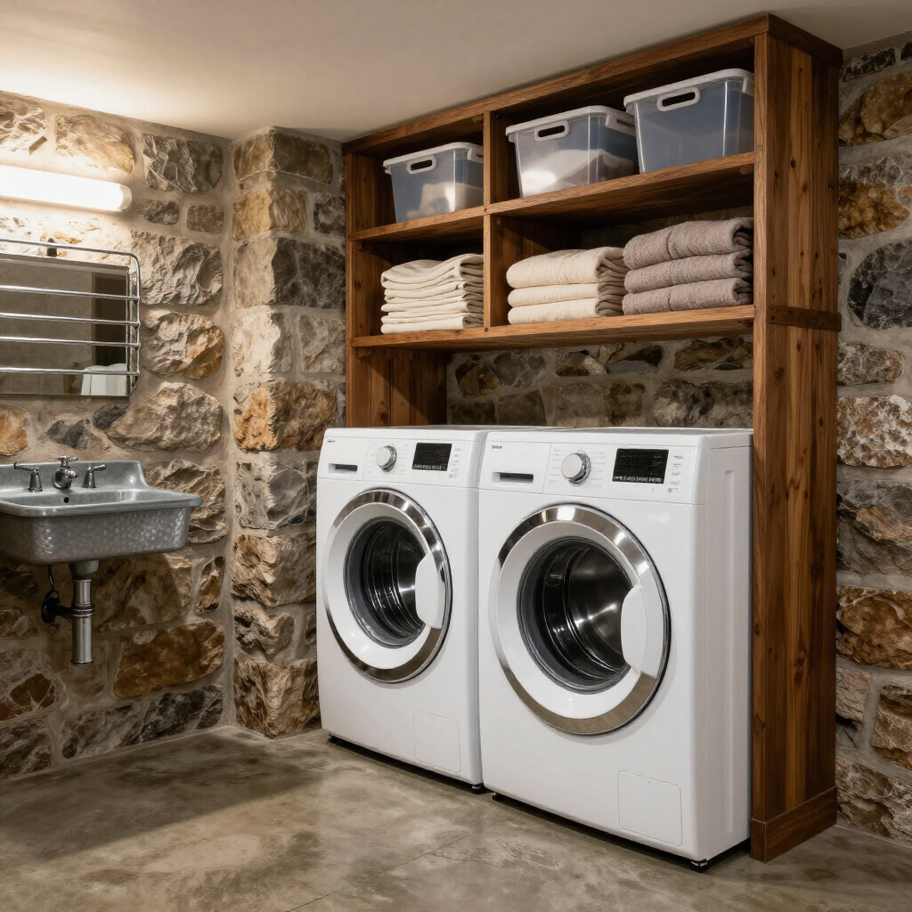 Stone-walled laundry room with front-load washer and dryer under wooden shelves of folded towels and bins