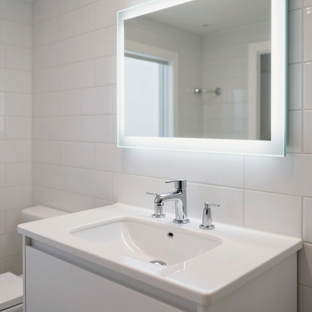 Modern white bathroom vanity with sink, chrome faucet, and illuminated mirror above tiled wall