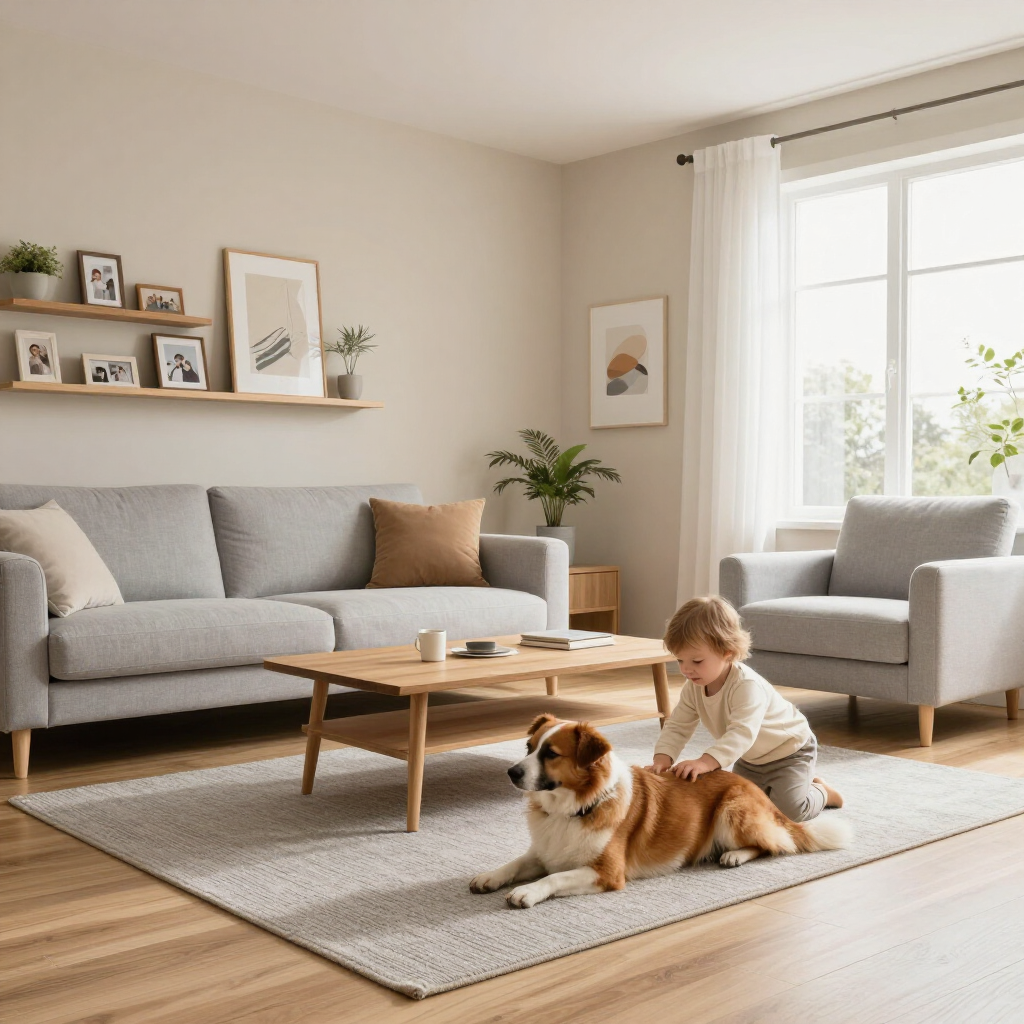 Living room with a child petting a dog on a rug, surrounded by a gray sofa and chairs in soft daylight