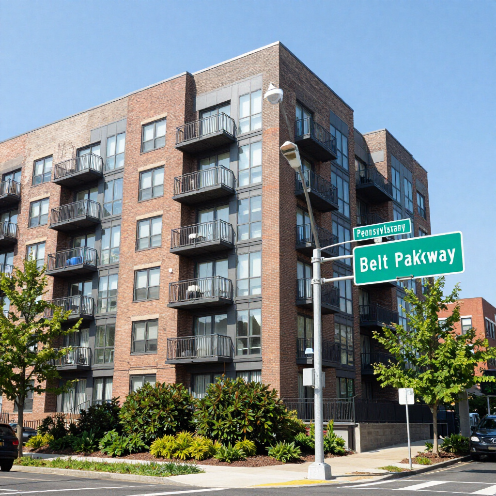 Brick apartment building on Belt Parkway and Foster Ave street corner under a clear blue sky