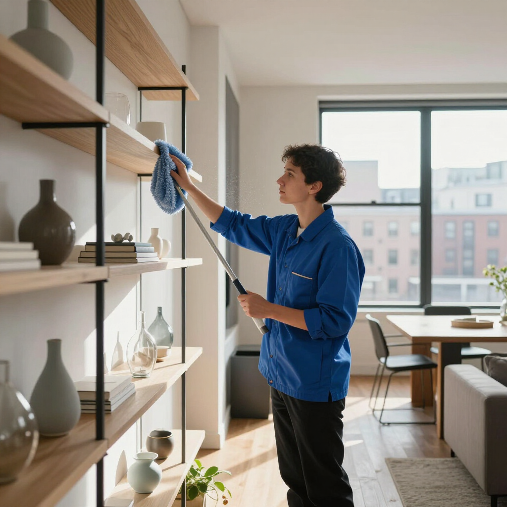 Person dusting tall wooden shelves in a bright modern living room