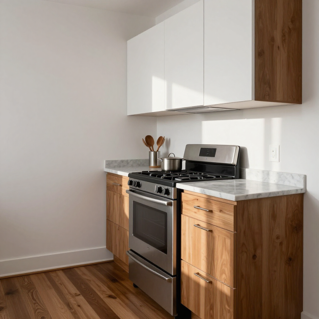 Modern kitchen with stainless steel stove, wood cabinets, white upper cabinets, and marble countertop.