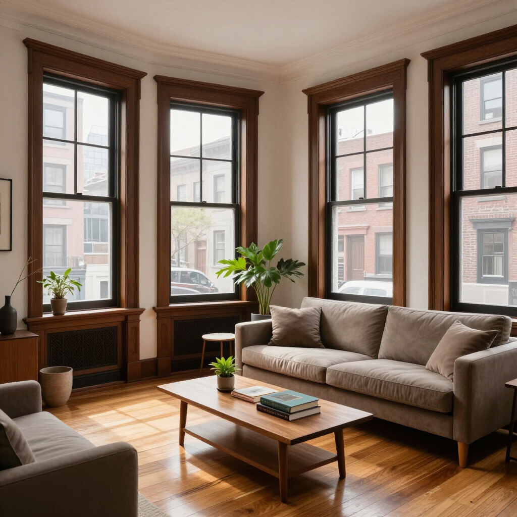Sunlit living room with bay windows, beige sofa, wooden coffee table, and potted plants