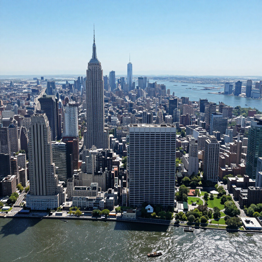 Aerial view of Manhattan skyline with the Empire State Building and East River waterfront.