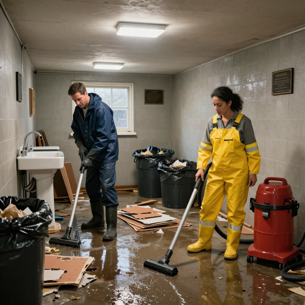 Two workers cleaning a flooded basement, one mopping and one vacuuming water among scattered debris.