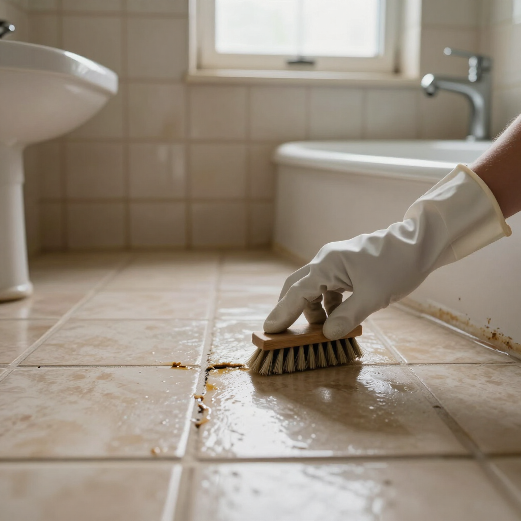 Gloved hand scrubbing a wet bathroom tile floor with a brush near a sink and tub
