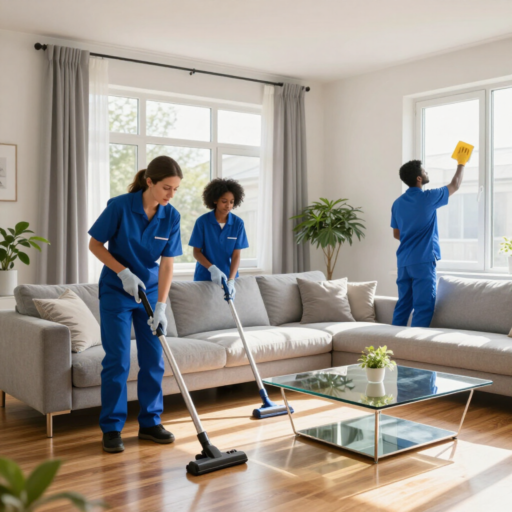 Cleaning crew in blue uniforms vacuuming a bright living room with a sofa and glass coffee table