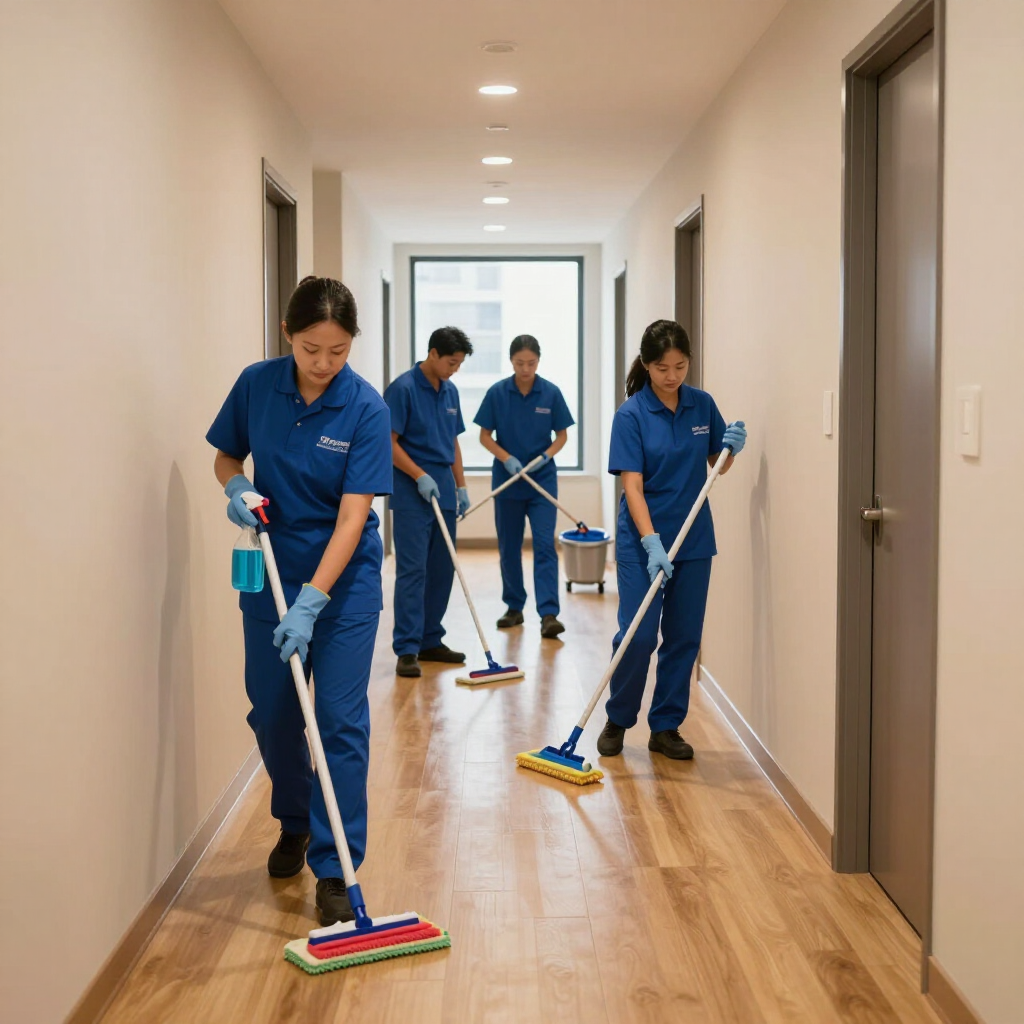 Janitorial staff in blue uniforms mopping a clean hallway with wooden floors and closed doors