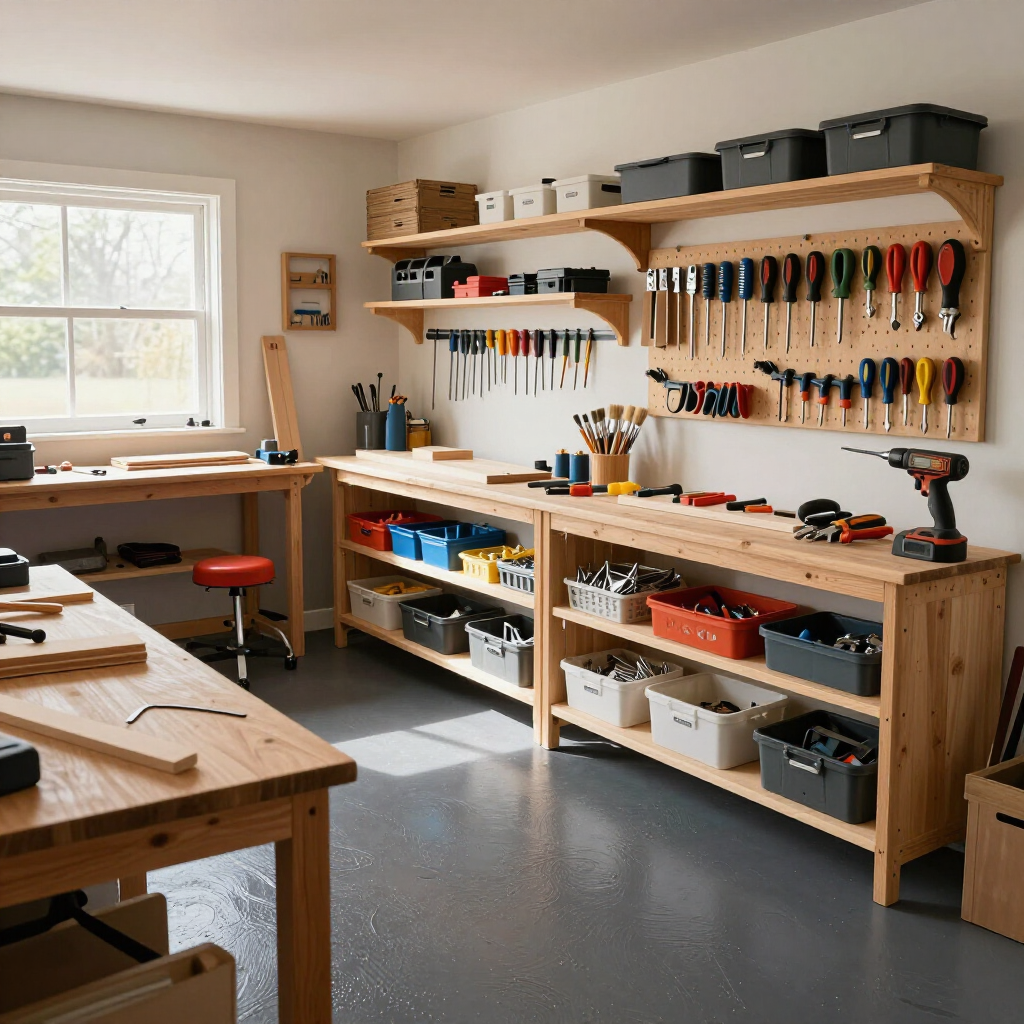 Woodworking workshop with tools on wall racks, workbenches, and shelves in a bright room