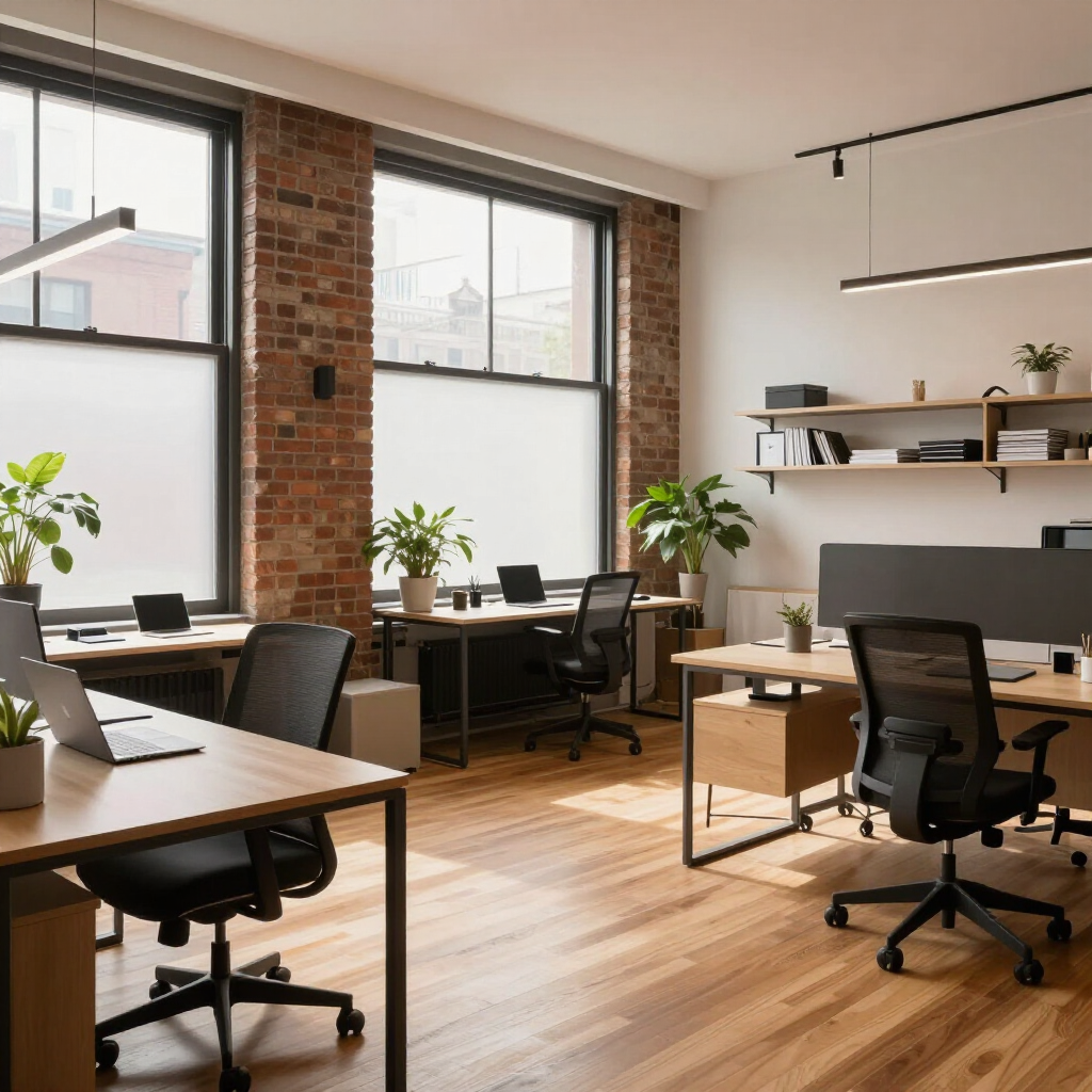 Modern coworking office with desks, chairs, plants, and large windows with brick accents