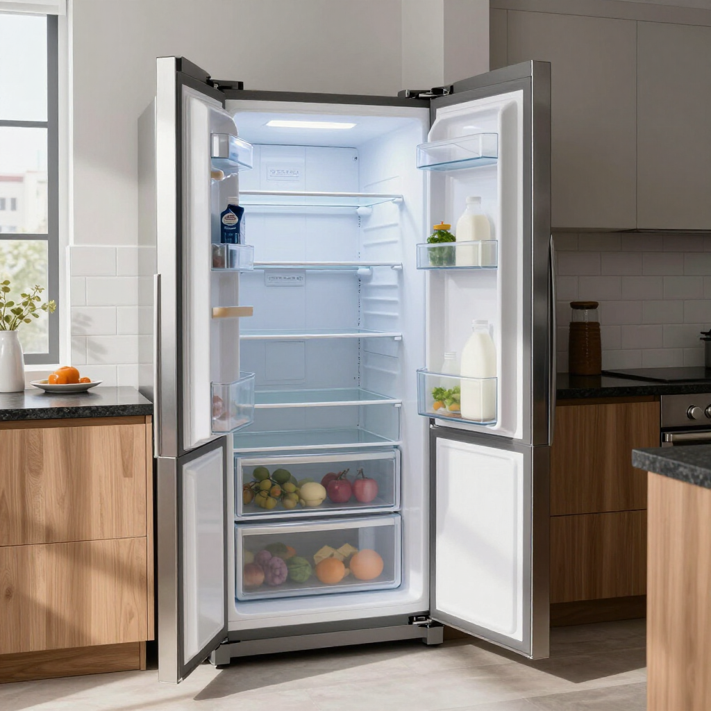 Open refrigerator in a modern kitchen with shelves and drawers partially stocked with produce and bottles
