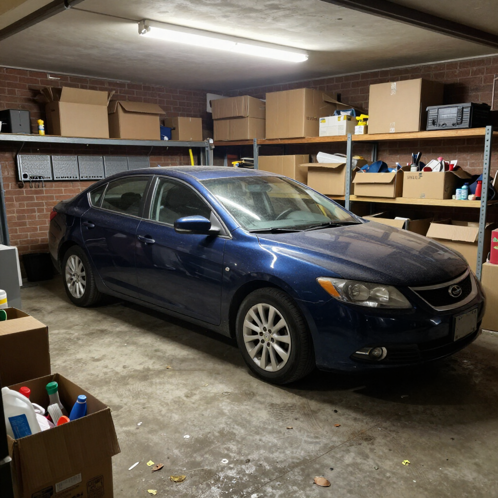 Dark blue sedan parked in a cluttered garage with shelves and boxes.