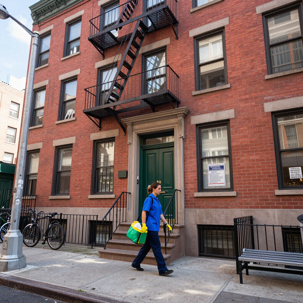Person walking past a red brick apartment building with a fire escape, carrying bags.