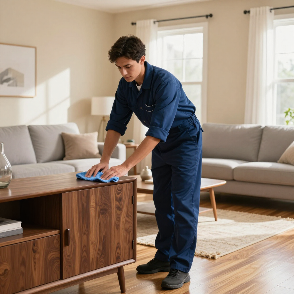 Person cleaning a wooden cabinet in a bright living room with a blue cloth