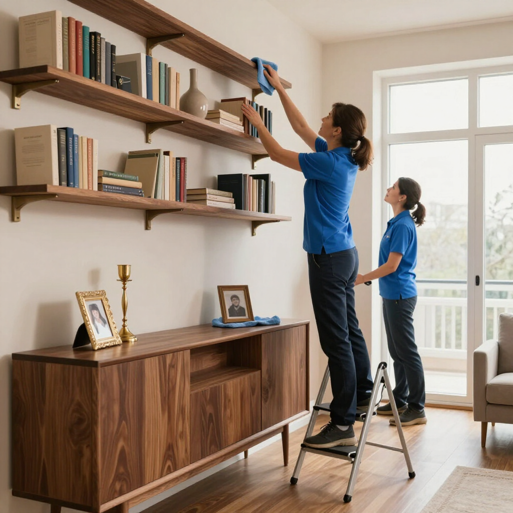 Two people dusting bookshelves in a bright living room, one on a ladder and one standing beside them.