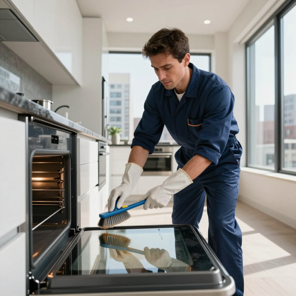 Technician cleaning an oven in a bright modern kitchen with white cabinets and large windows
